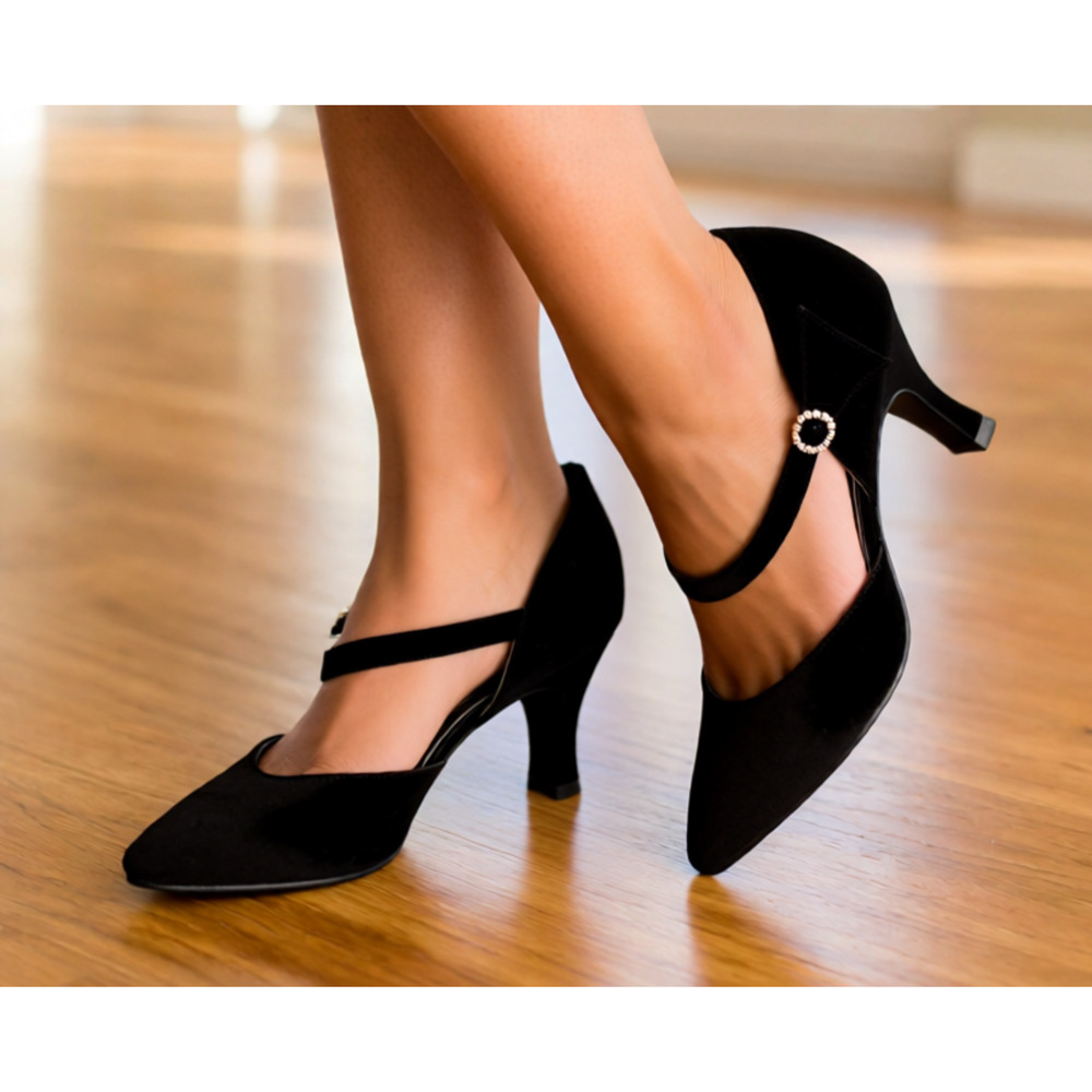 Lifestride Night Life Vintage look black suede heels with crystal button 7.5